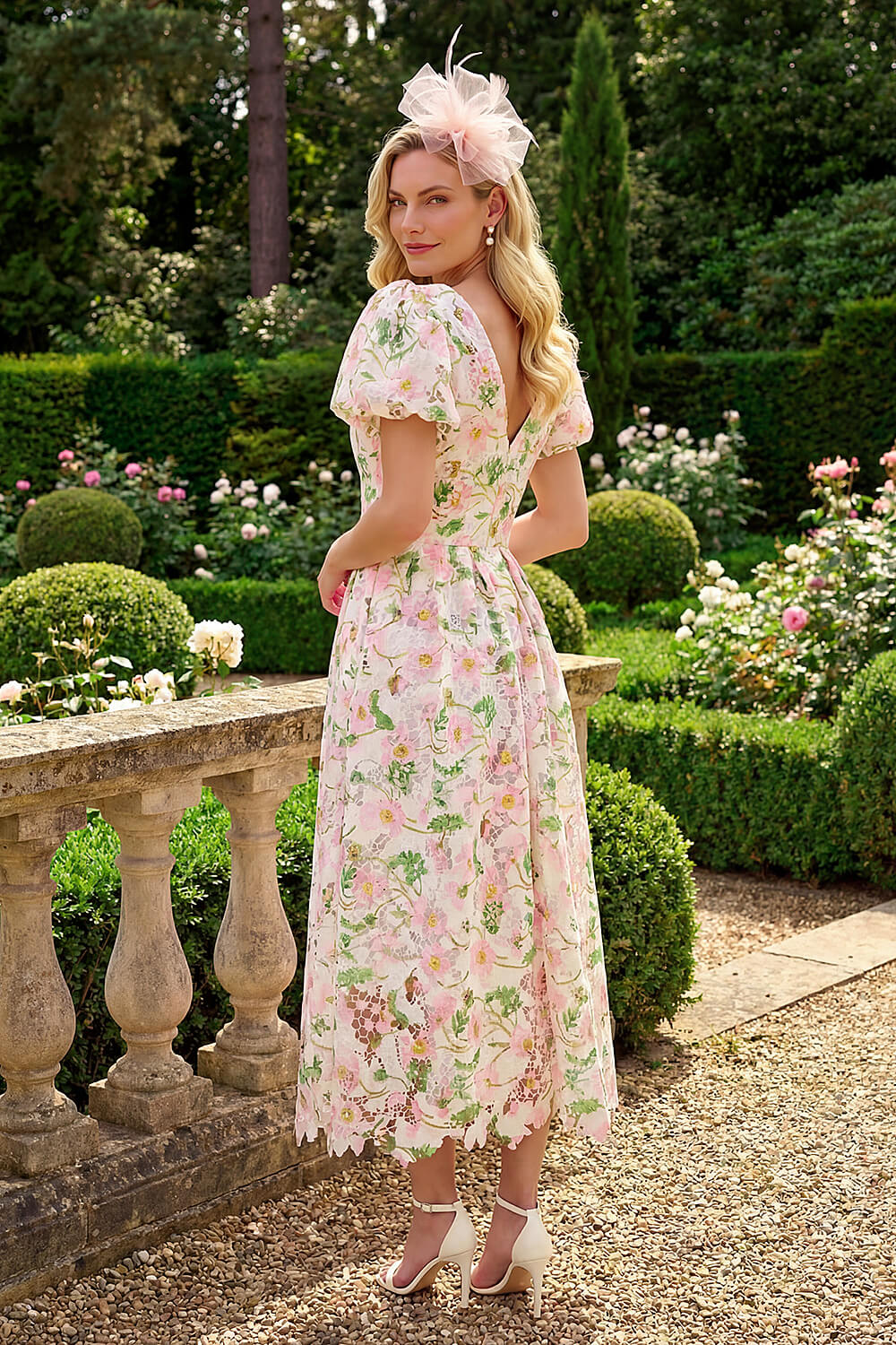 Ivory Floral Crochet Lace Midi Dress, Image 4 of 4