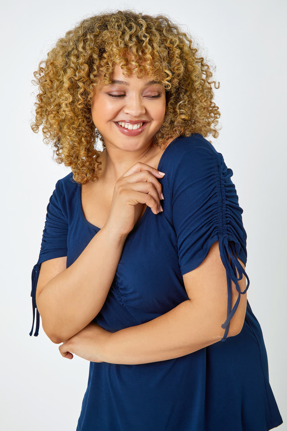 Navy Curve Plain Ruched Tie Top, Image 1 of 5