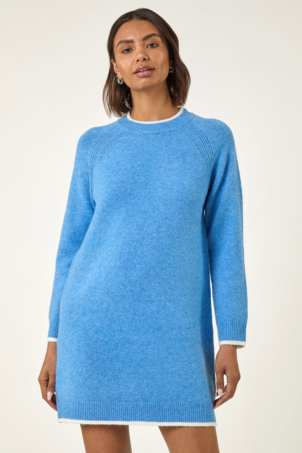 Blue Contrast Trim Knitted Jumper Dress, Image 4 of 7