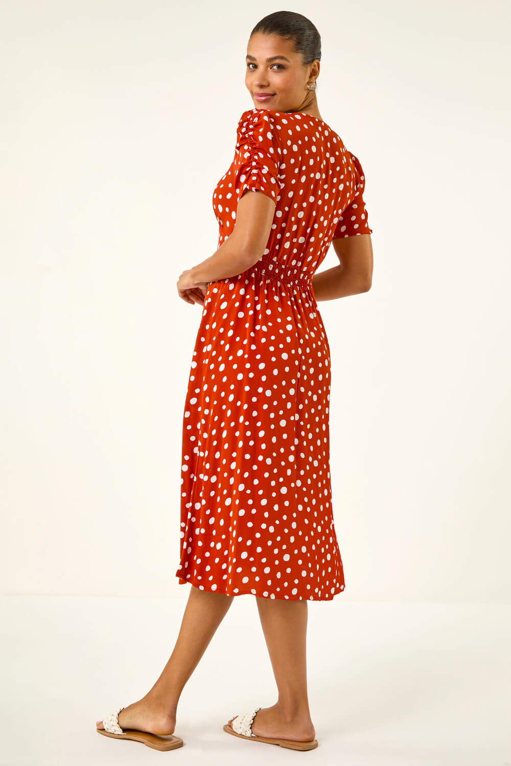 Dark Orange Polka Dot Ruched Sleeve Midi Dress, Image 5 of 6