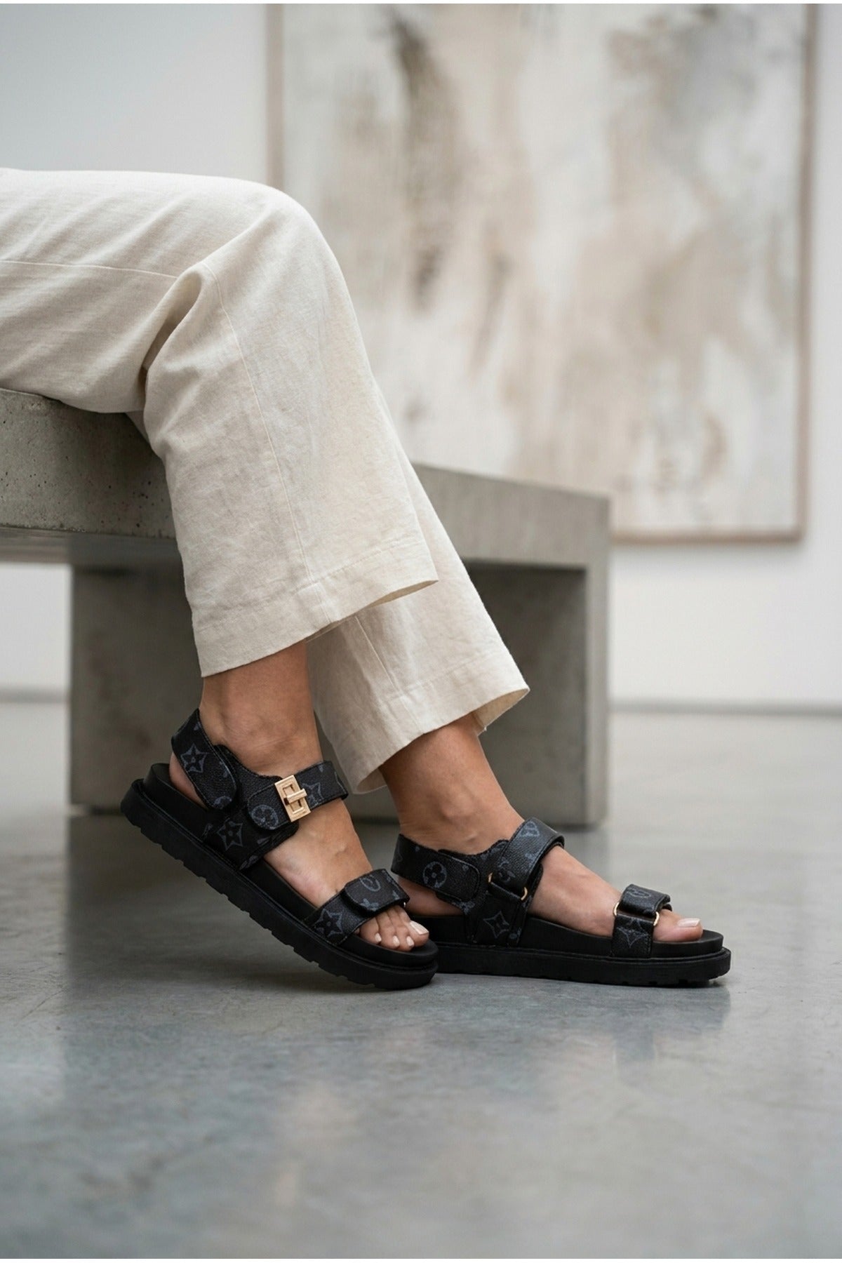 Black iKrush Black Saoirse Geometric Print Flatform Sandals, Image 4 of 5
