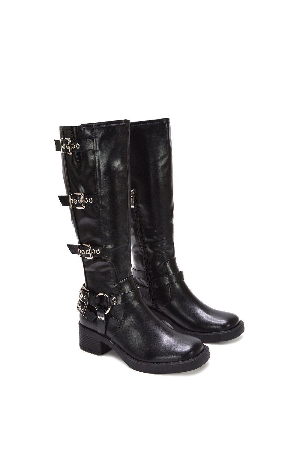 Black 'Cobra' Harness Square toe Knee High Biker Boots, Image 6 of 7
