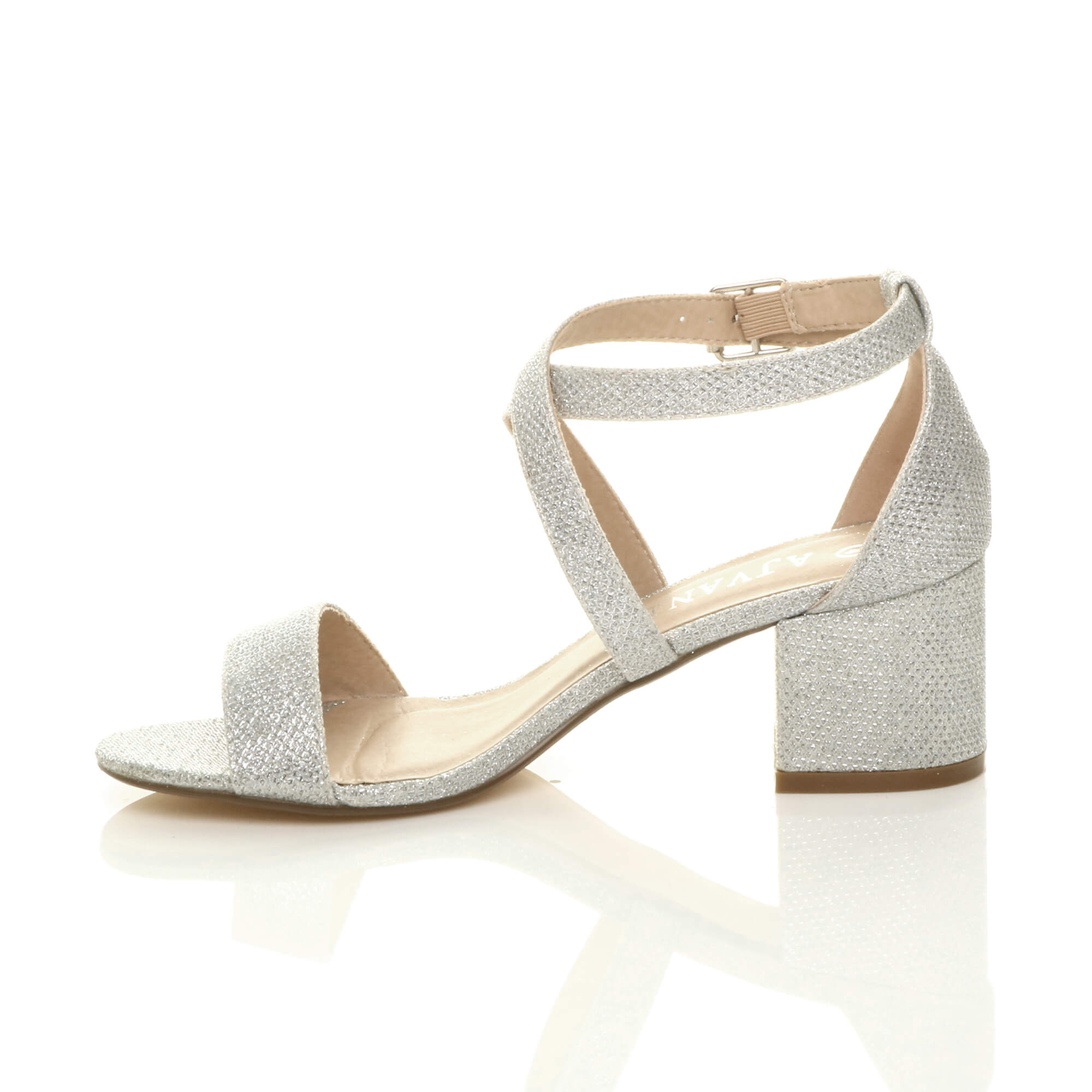 Silver AJVANI Silver Mid Block Heel Crossed Straps Sandals, Image 3 of 6