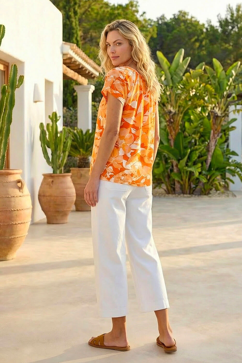 ORANGE Abstract Leaf Print Stretch Top , Image 4 of 4
