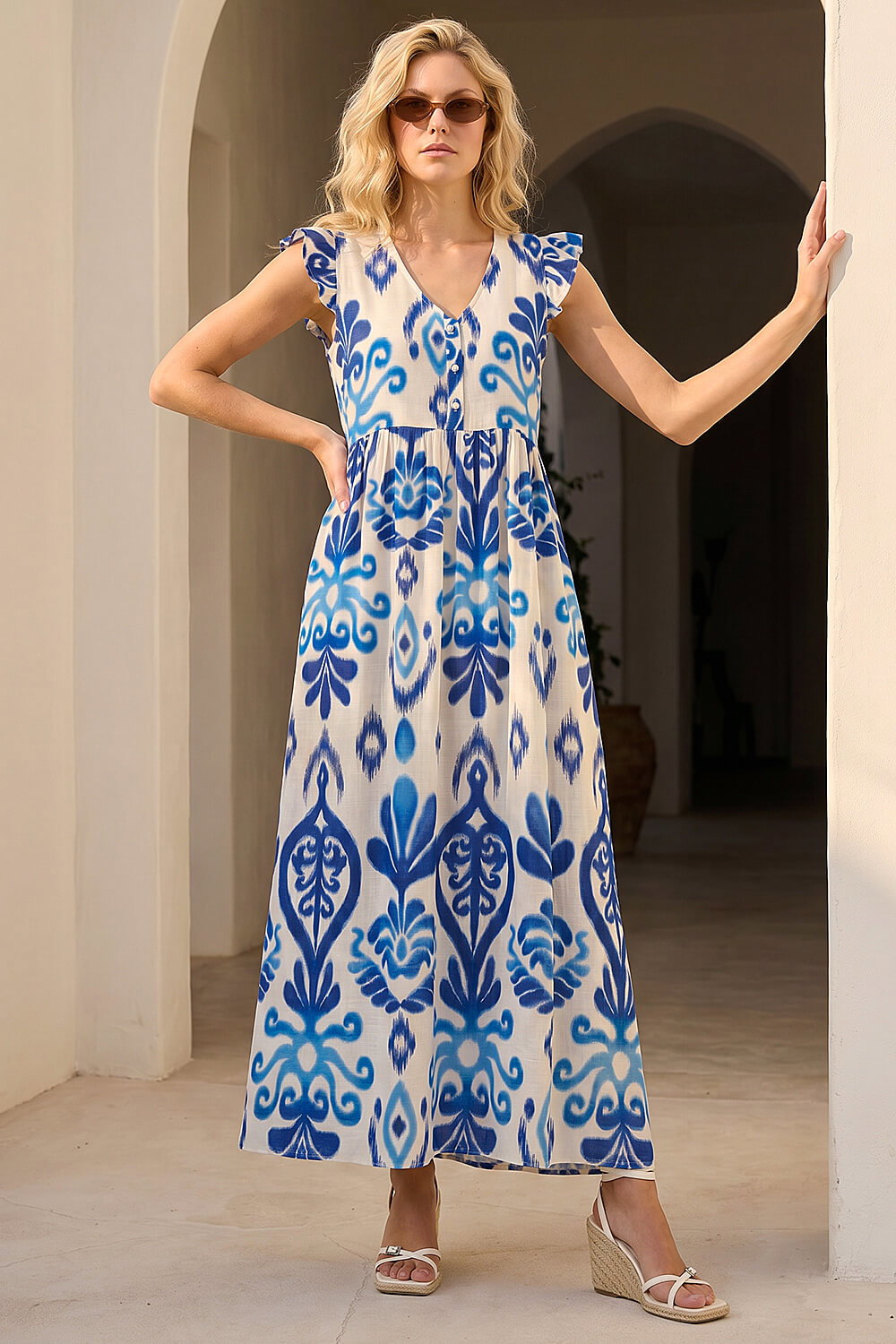 Navy Abstract Print Frill Detail Midi Dress , Image 4 of 4