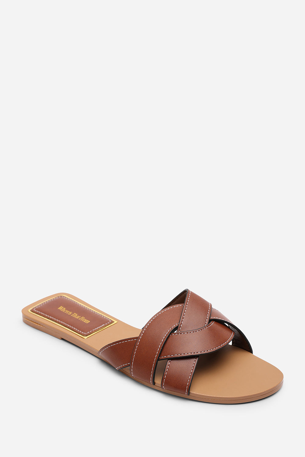 Tan Elvira Braided Slide on Sandals with contrast stitching, Image 3 of 6