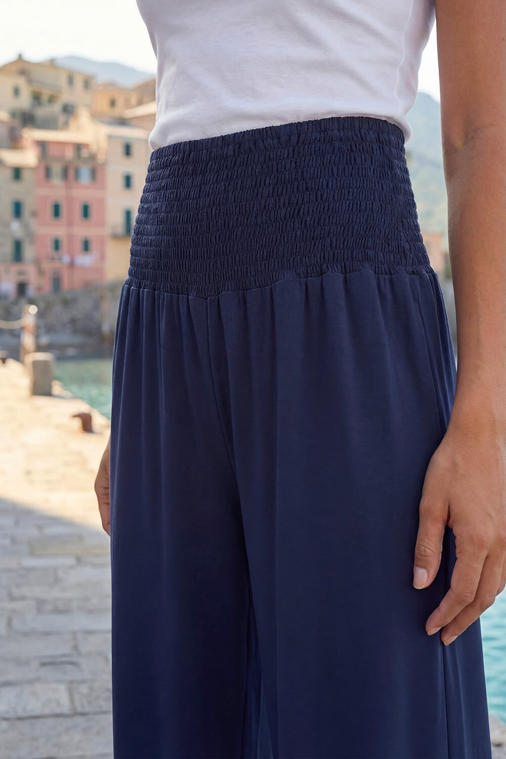 Navy Petite Shirred Wide Leg Stretch Trouser , Image 5 of 4