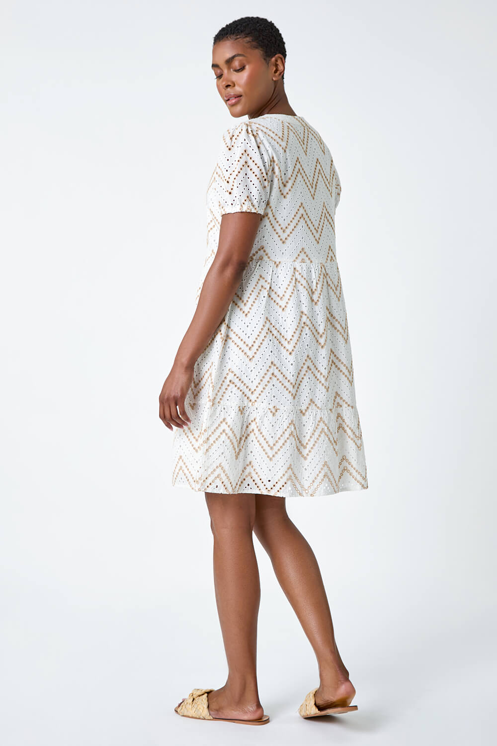 Cream Zig-Zag Embroidered Cotton Tunic Dress, Image 4 of 7