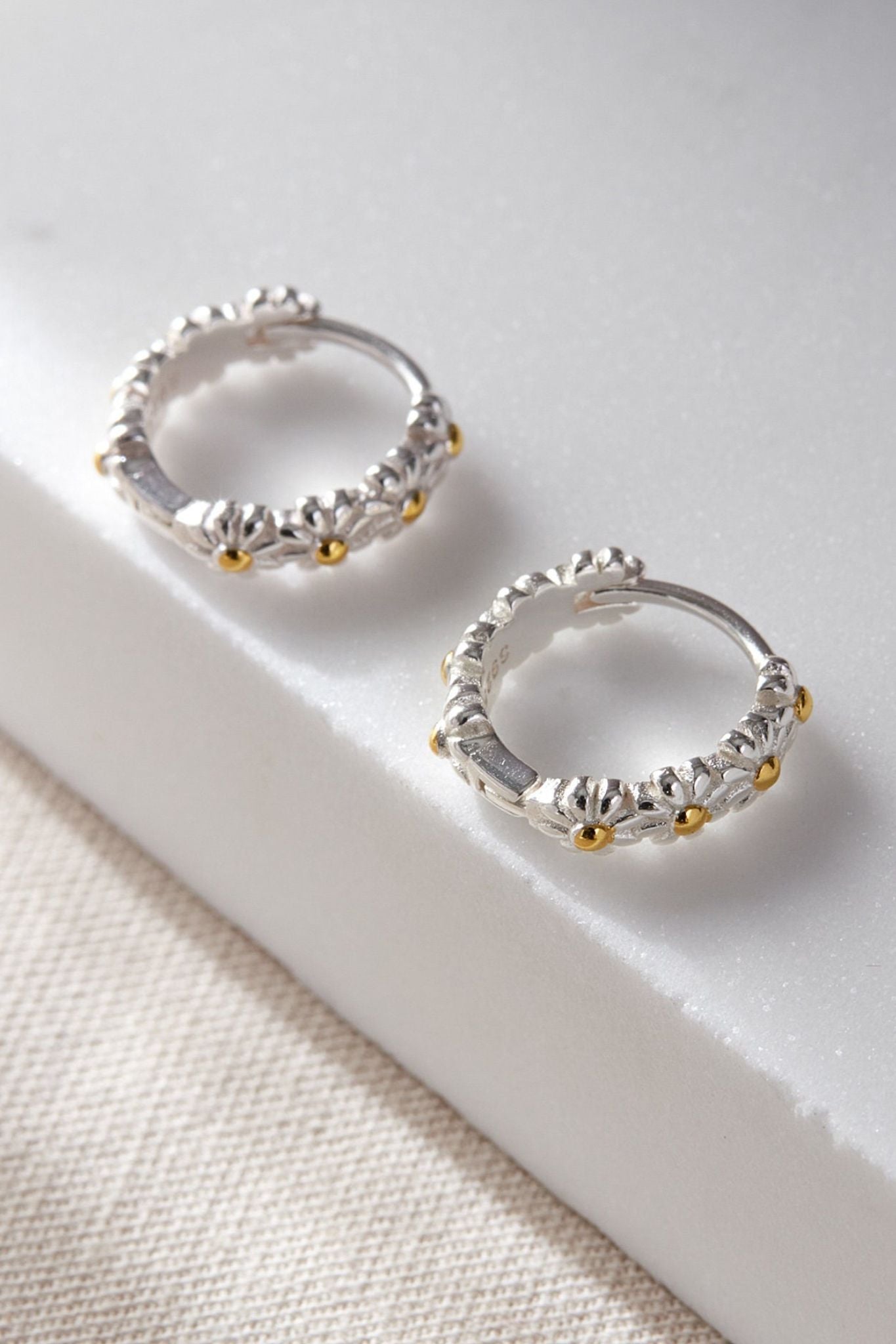 Silver Sterling Silver Dainty Daisy Hoop Earrings, Image 2 of 3