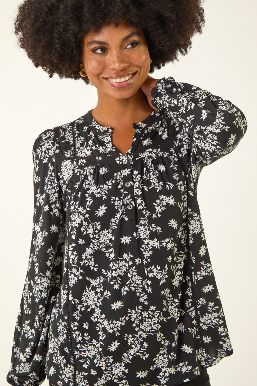 Black Floral Print Long Sleeve Top, Image 5 of 5