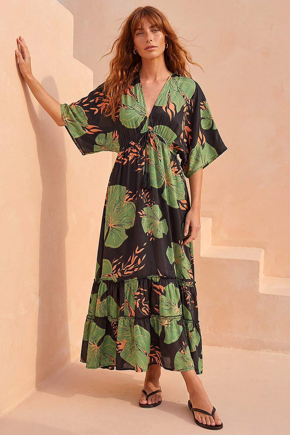 Green Boho Leaf Maxi Dress, Image 3 of 4