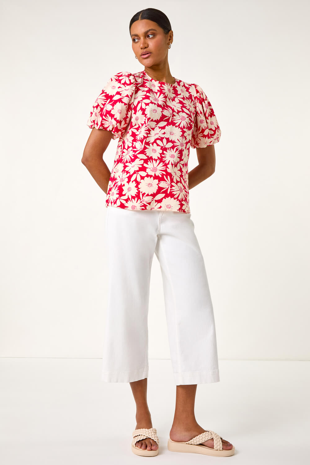 POL V-Neck Floral Woven Top with Balloon Sleeves & Ruffle Hem