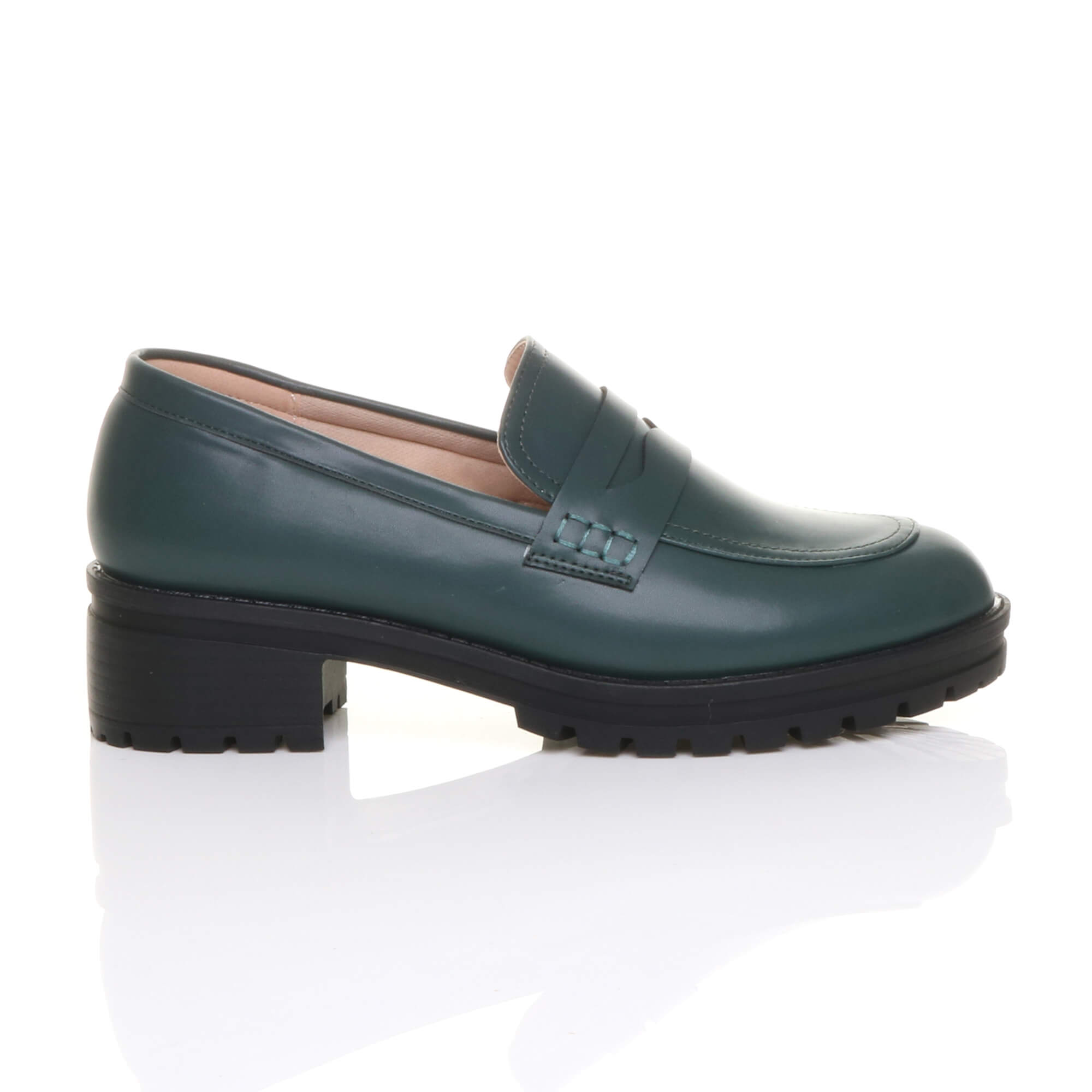 Teal Flat Chunky Heeled Penny Loafers, Image 2 of 5