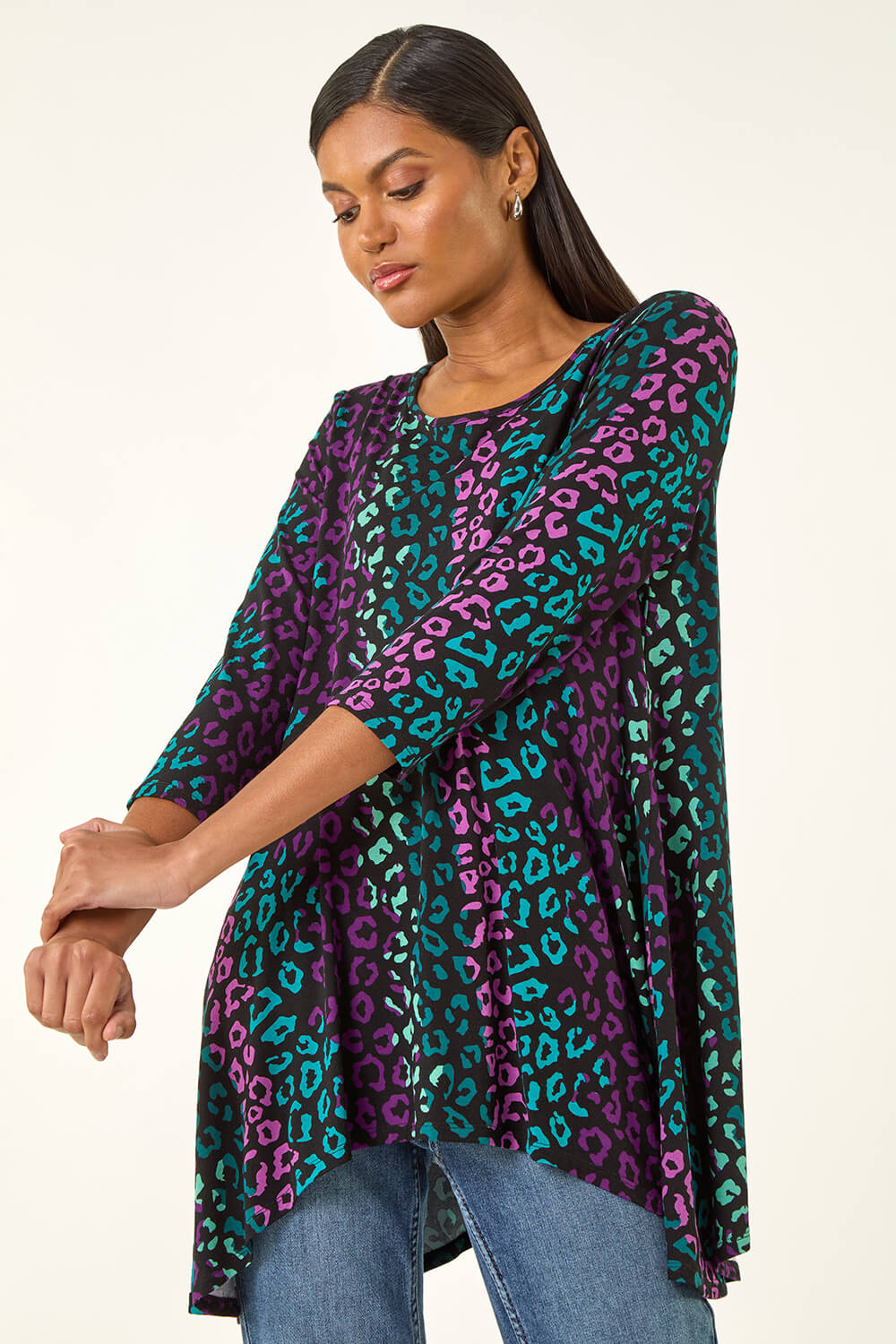 Teal Animal Print Hanky Hem Stretch Top, Image 1 of 5