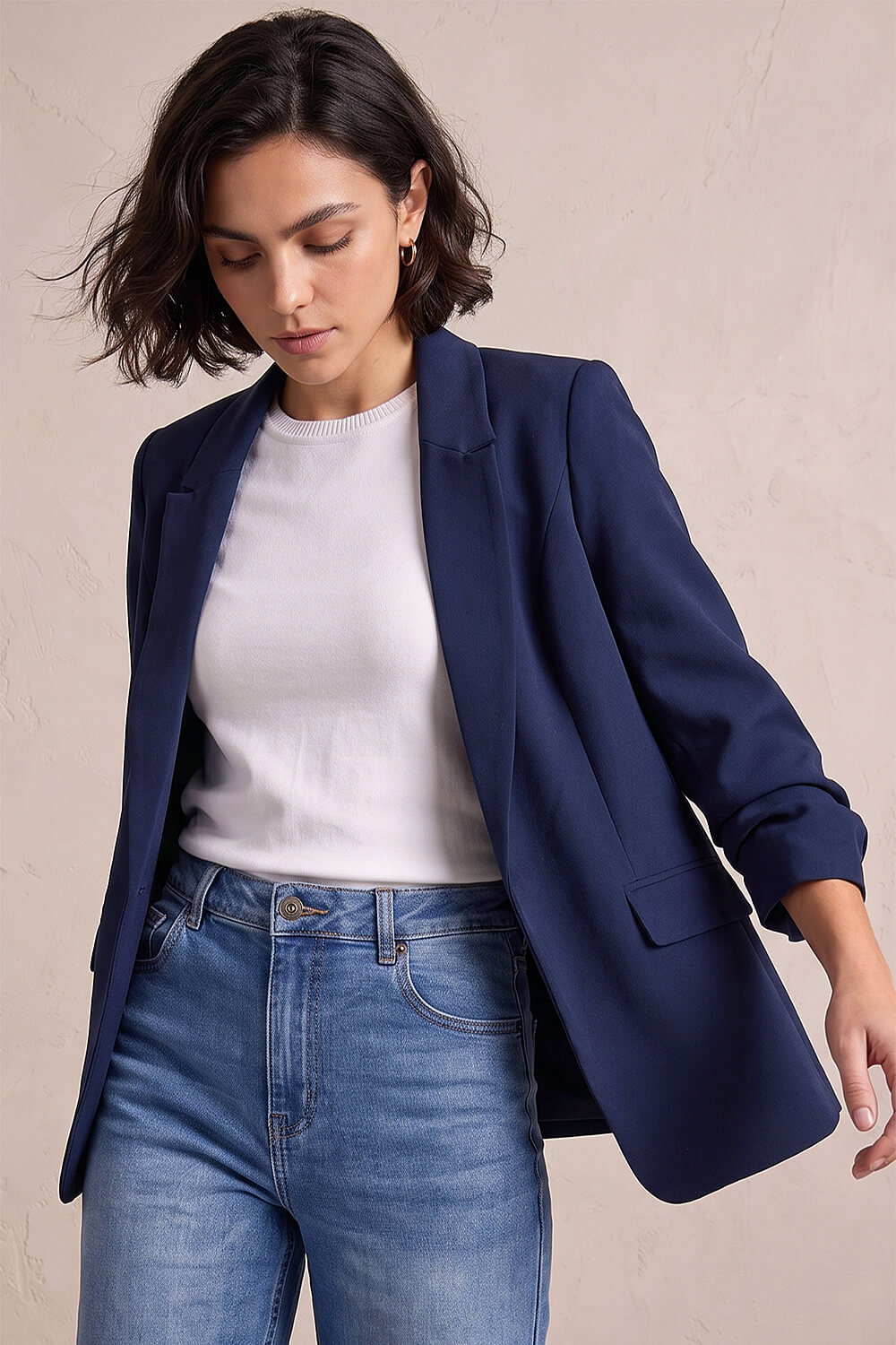 Roman Women's Navy Ruched 3/4 Sleeve Blazer Jacket Size 12