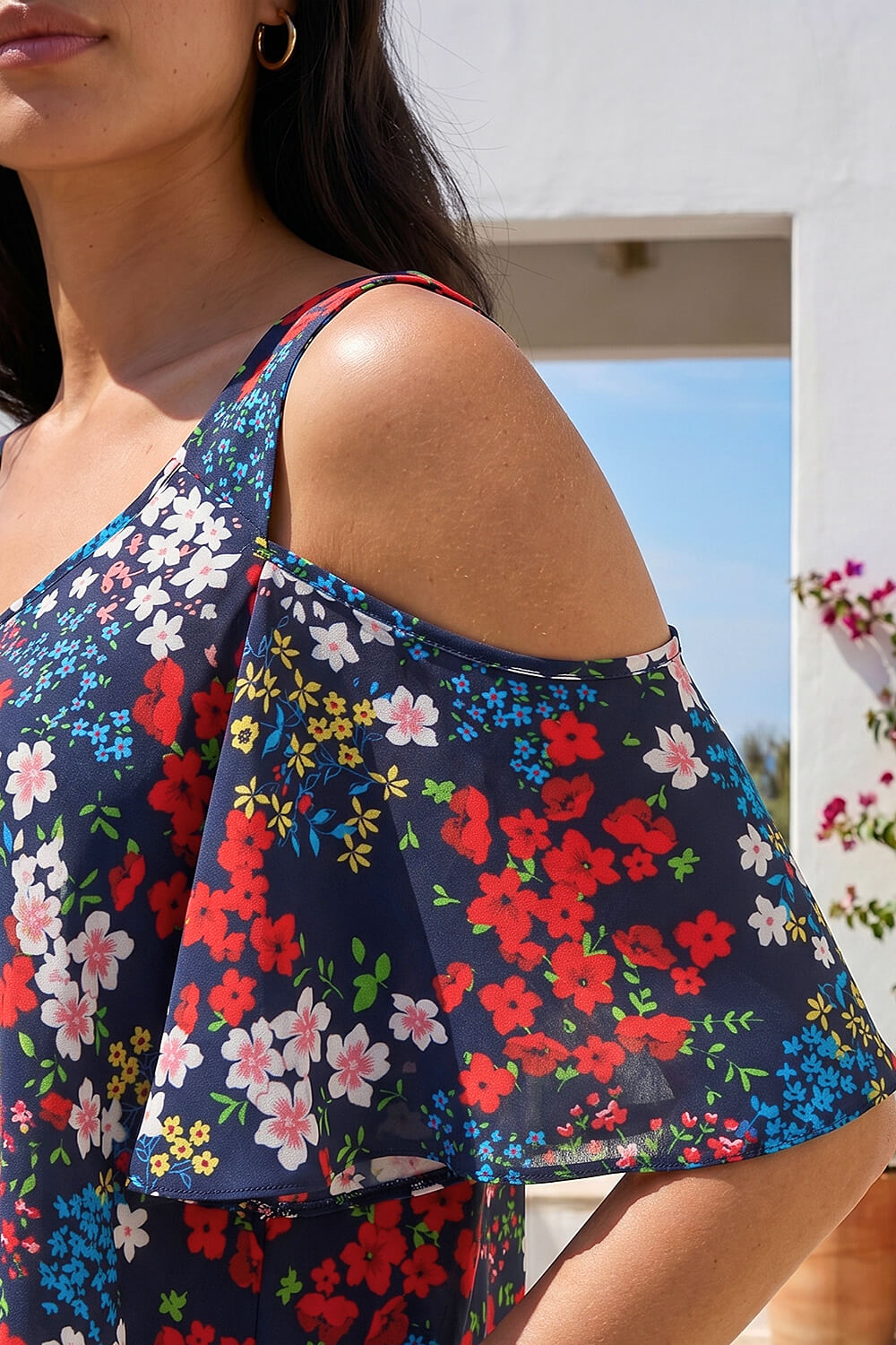 Navy Petite Floral Cold Shoulder Top, Image 5 of 4