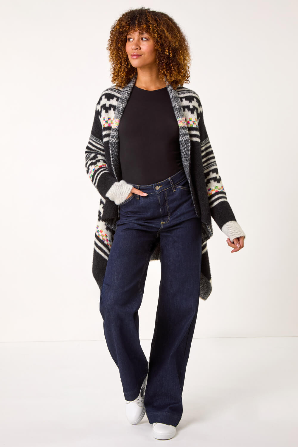 Black Pattern Fluffy Knit Cardigan, Image 3 of 5
