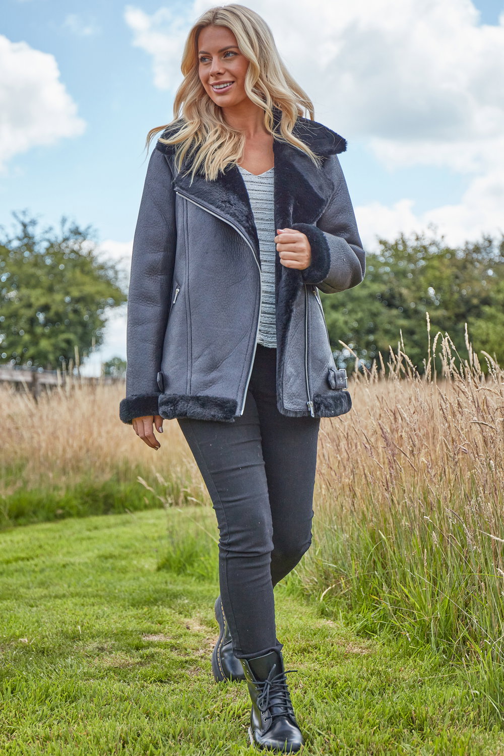 Black Faux Fur Lined Zip Detail Aviator Jacket, Image 4 of 4