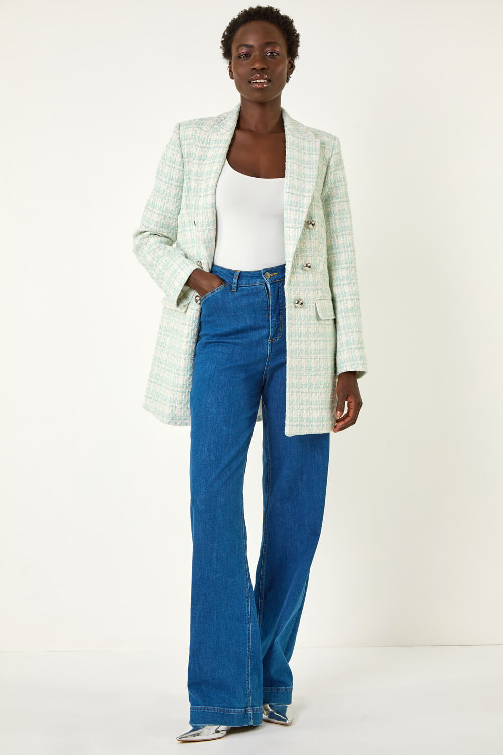 Aqua Longline Checkered Boucle Jacket | Roman UK