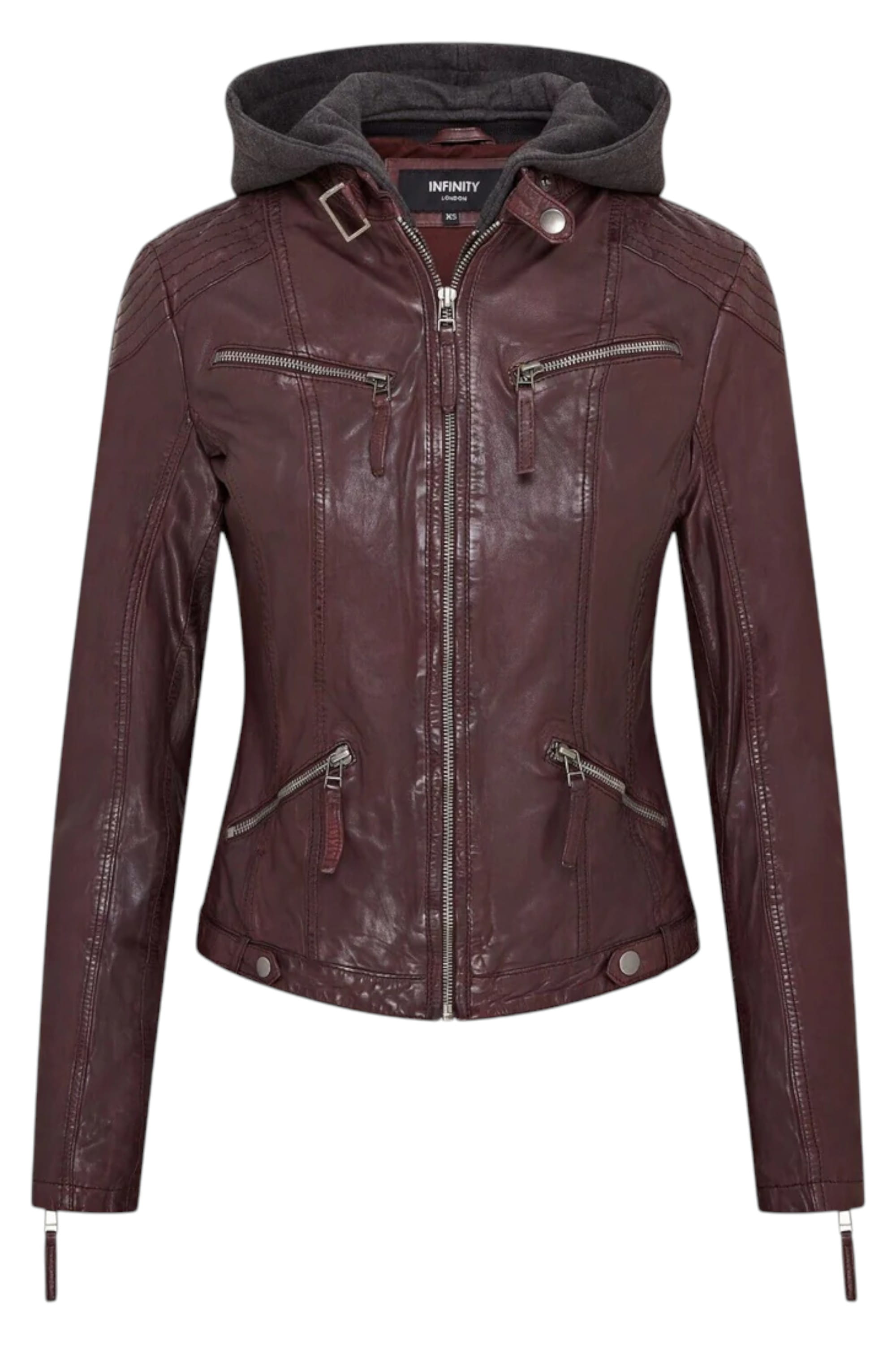 Burgundy Womens Hooded Biker Jacket - Brazz, Image 1 of 5