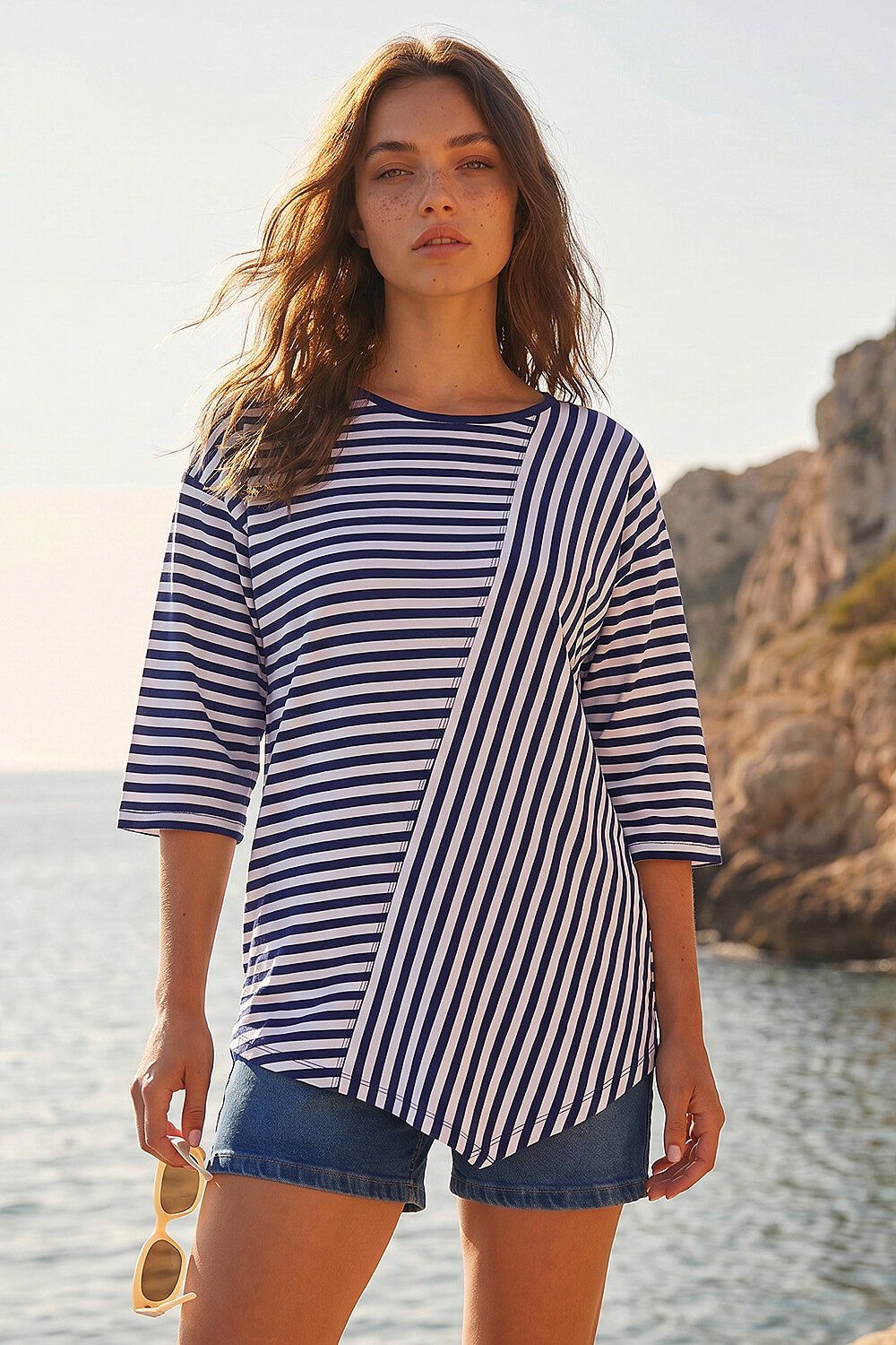 Navy Petite Asymmetric Stripe Top, Image 1 of 4