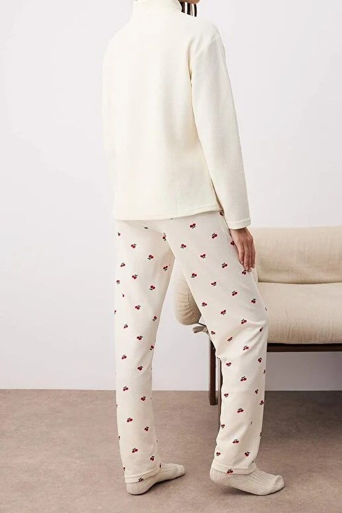Ecru WOVCOR Ecru Cherry Embroidered Zip Neck Long Sleeve Waffle Knit Pyjama Set, Image 3 of 3
