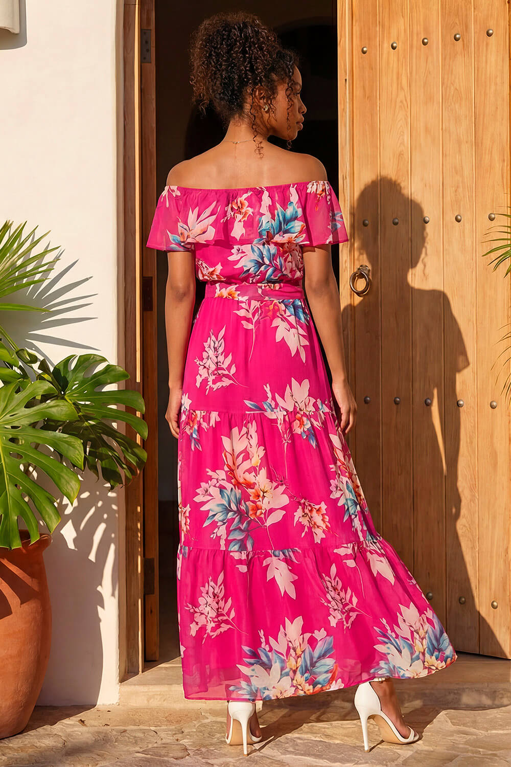 Pink Floral Print Bardot Belted Maxi Dress, Image 4 of 4