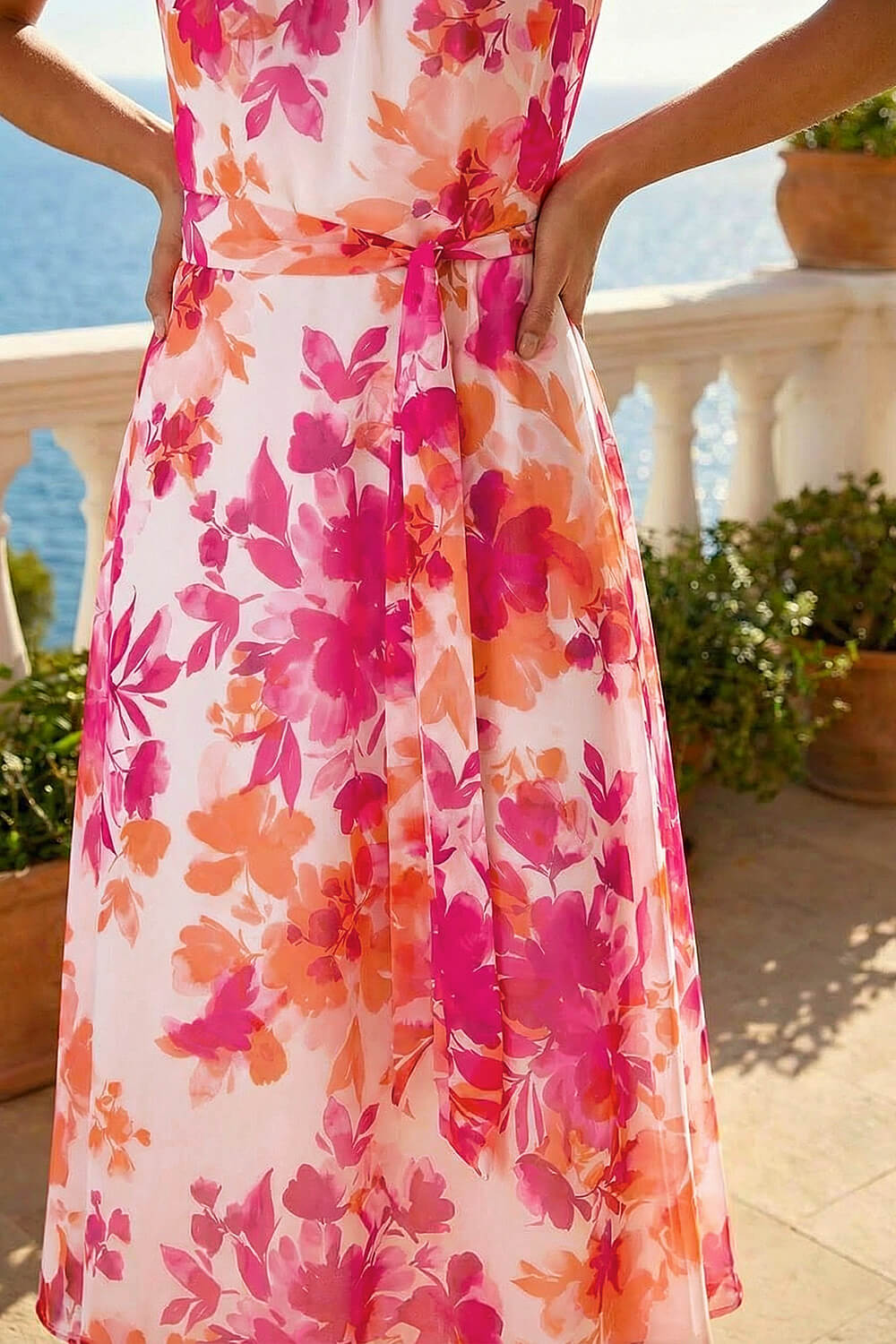 PINK Floral Pleated Neck Midi Dress, Image 5 of 4