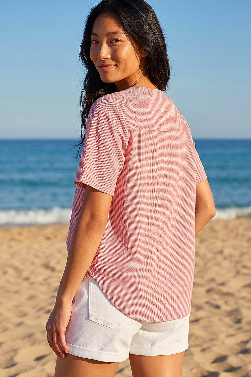 CORAL Petite Gingham Buttoned Top, Image 4 of 4
