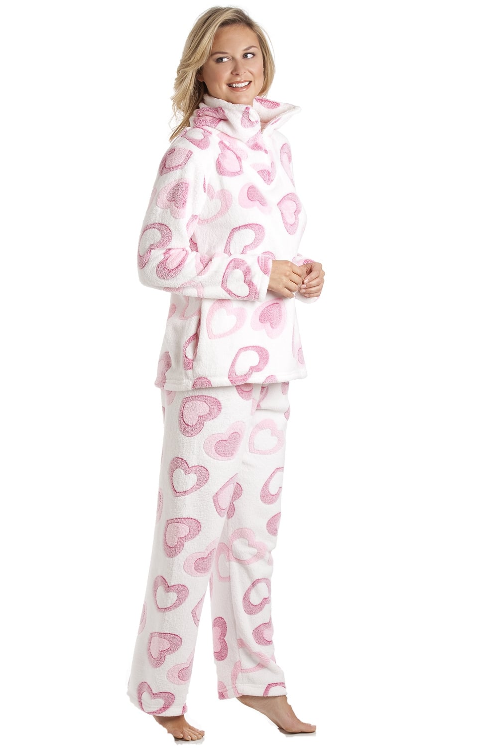 White Supersoft Heart Print Fleece Pyjama Set, Image 4 of 5