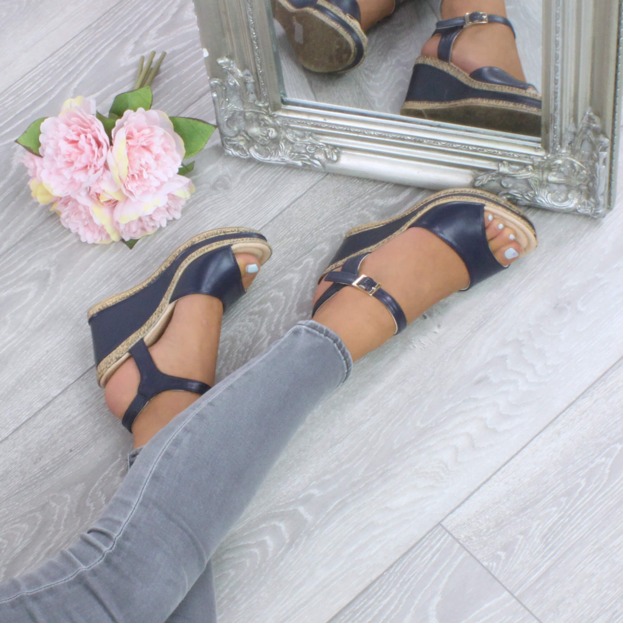 Navy Blue AJVANI Navy Blue High Wedge Heels Ankle Strap Cork Sandals, Image 5 of 6