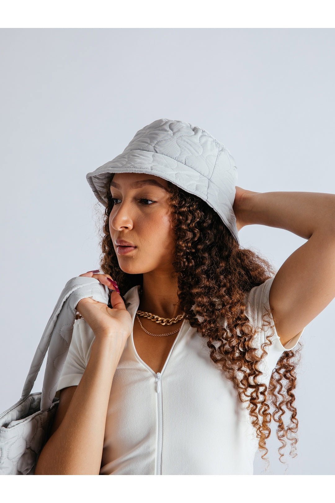 Light Grey SVNX Light Grey Quilted Nylon Bucket Hat, Image 1 of 6