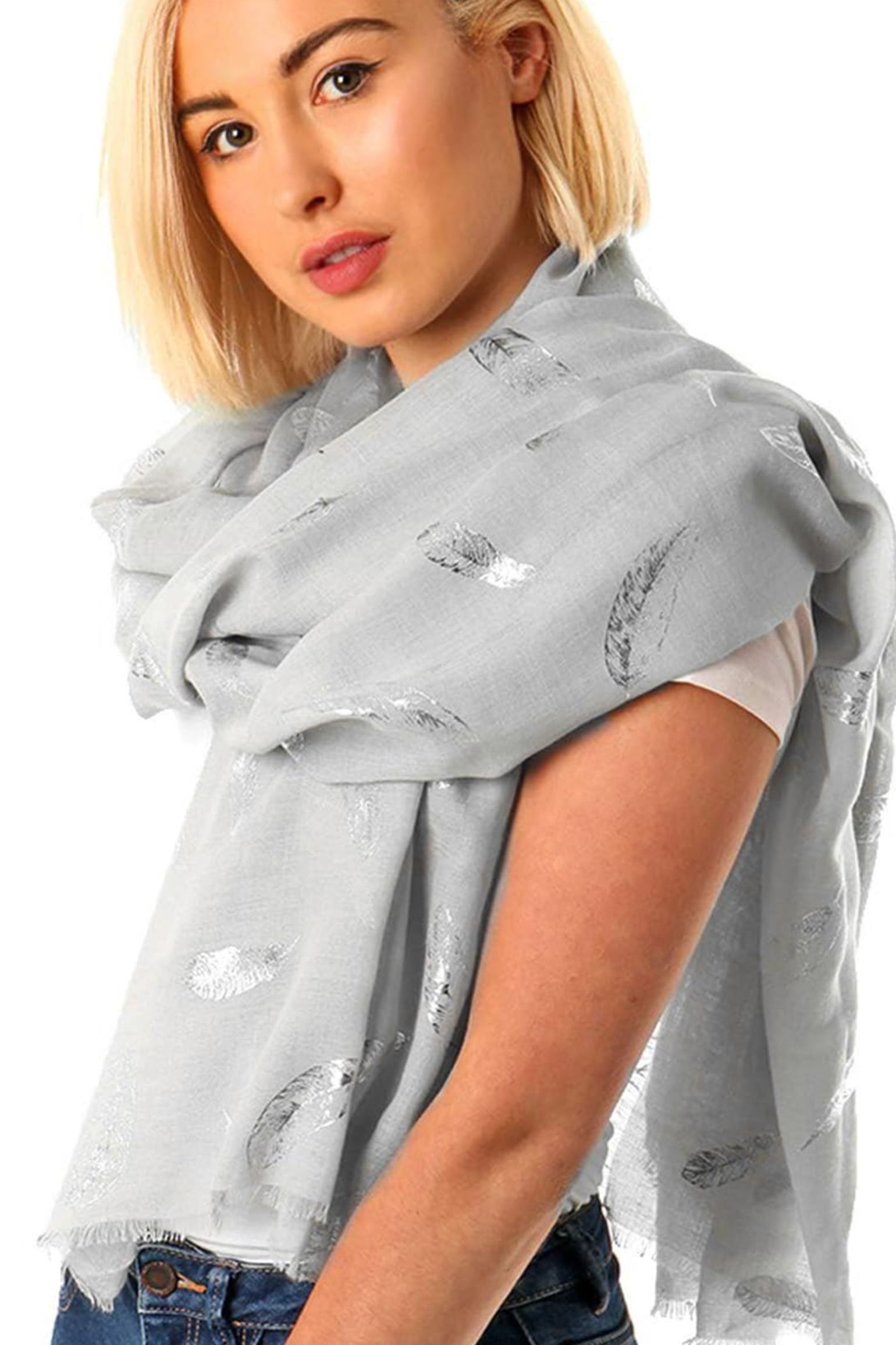 Light Grey Silver Feather Lightweight Foil Scarf, Image 1 of 1
