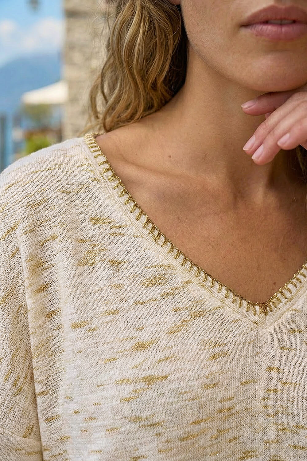 Natural  Contrast Stitch V-Neck Top, Image 5 of 4