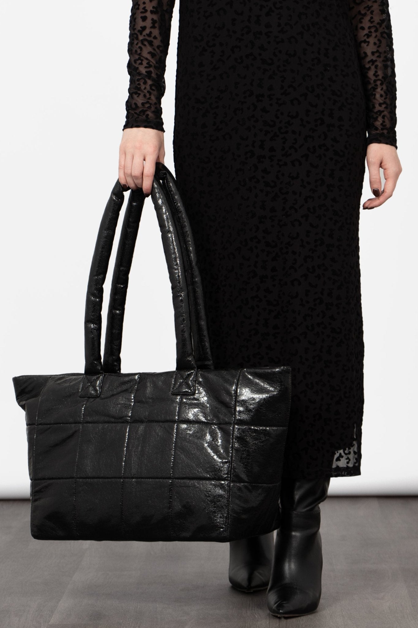 Black Quilted Metallic Faux Leather Tote Bag