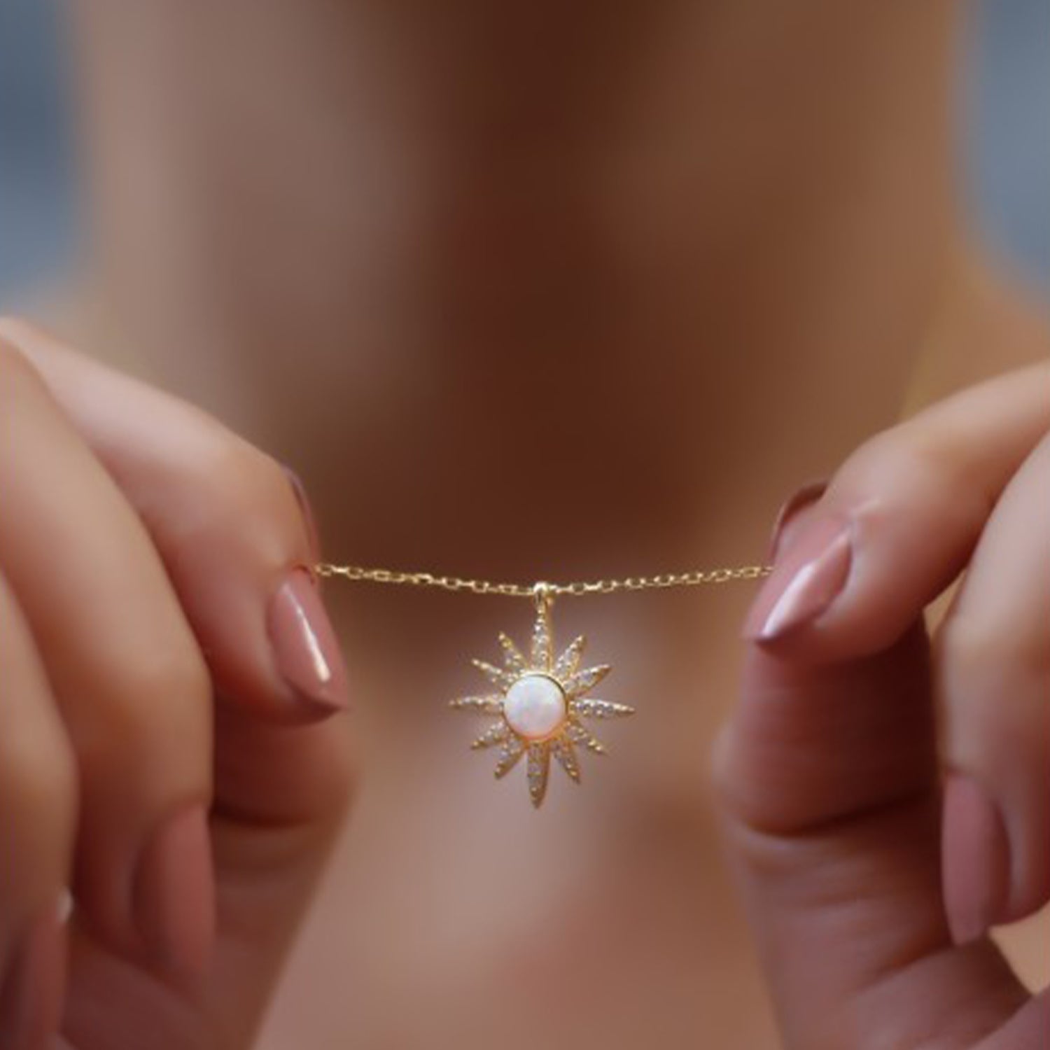 Gold White Opal Sun Sterling Silver Necklace, Image 2 of 2