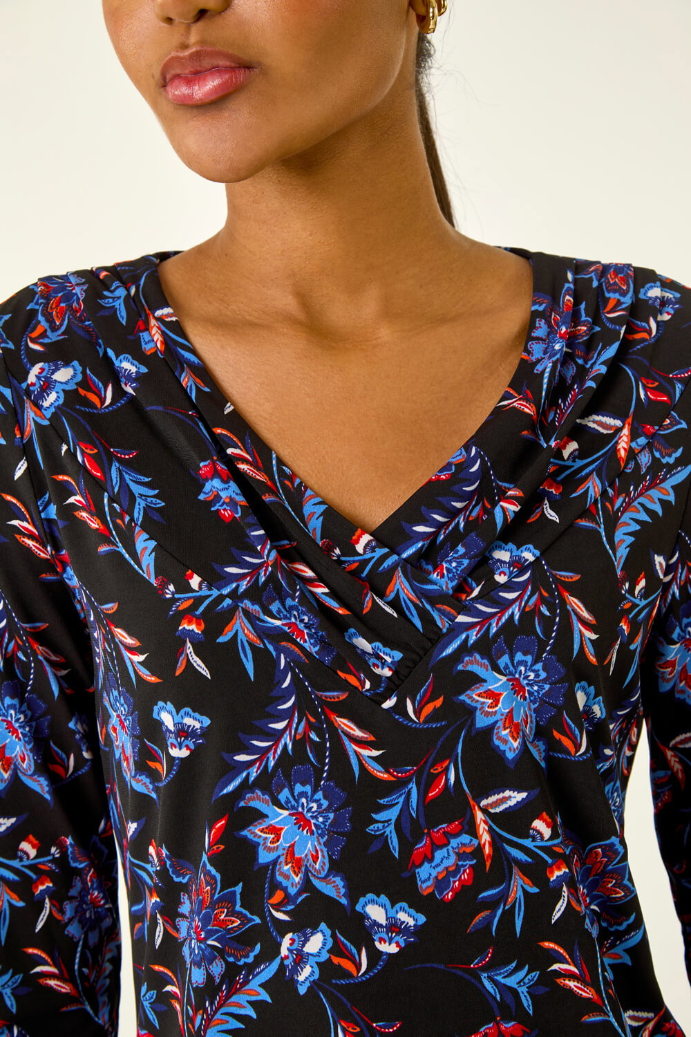 Blue Floral V-Neck Stretch Top, Image 6 of 5