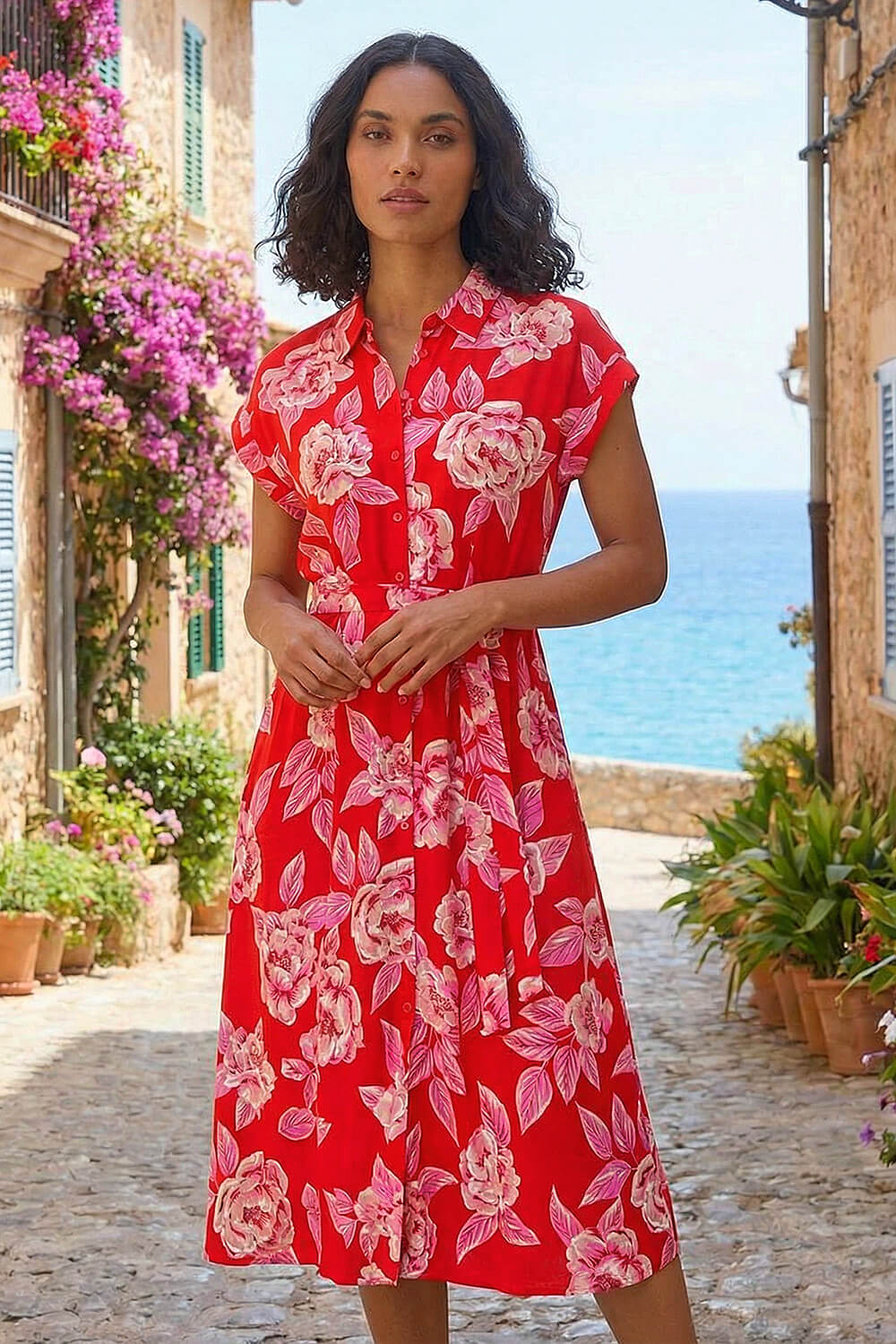 Red Rose Print Belted Midi Dress, Image 3 of 4