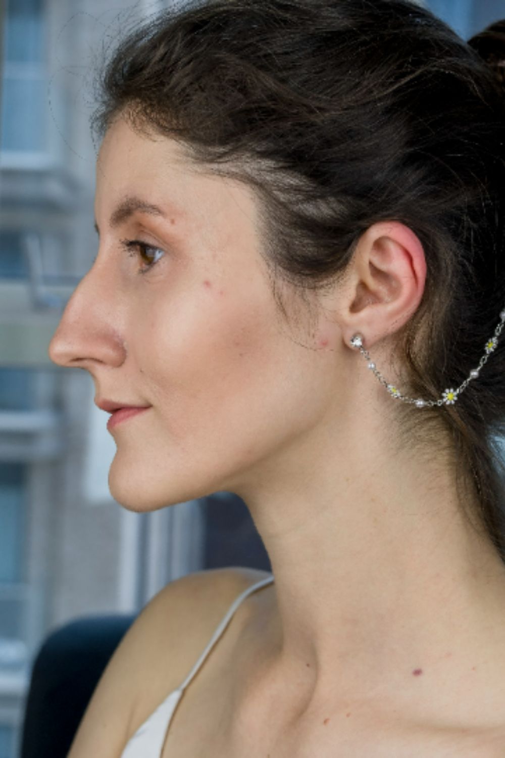 Silver Sunflower Tassel Pearl Long Dangle Ear Cuff, Image 3 of 3