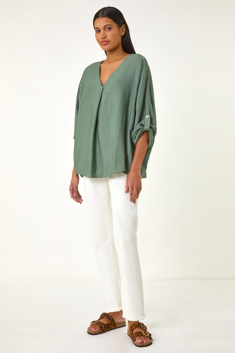 KHAKI Pleated V-Neck Stretch Tunic Top, Image 3 of 5