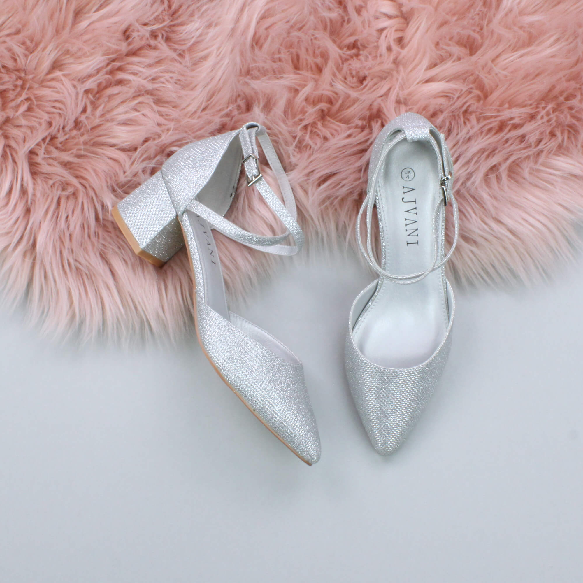 Silver Mid Block Heel Crossed Straps Pointed Toe 2 Part Heels, Image 4 of 6