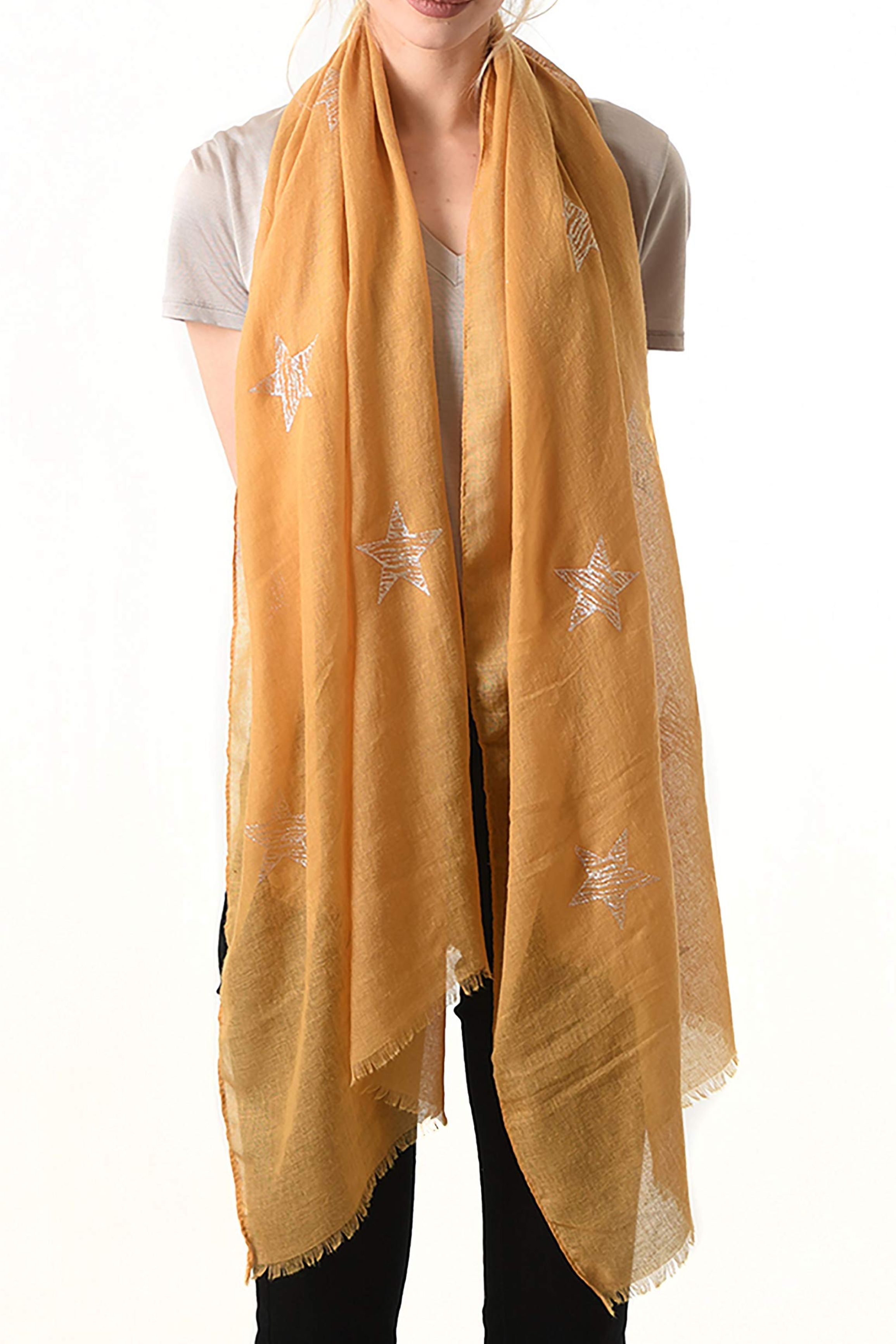 Mustard Silver Glitter Star Lightweight Scarf, Image 1 of 2