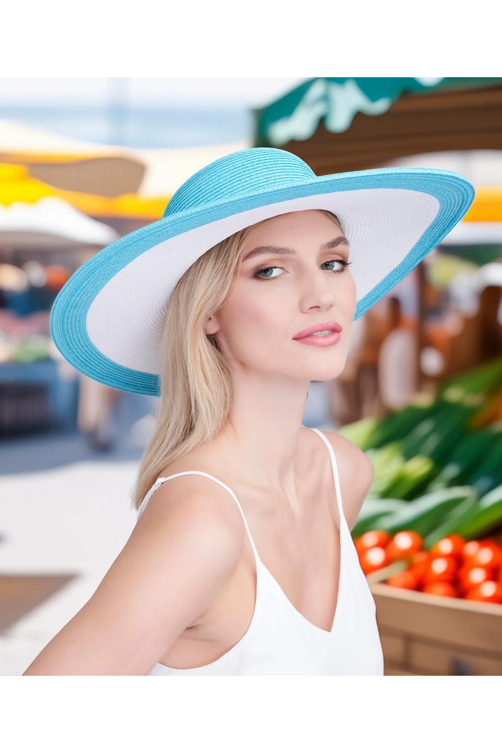Turqouise Kacie - Wide Brim Straw Hat - Pale Turquoise, Image 2 of 3