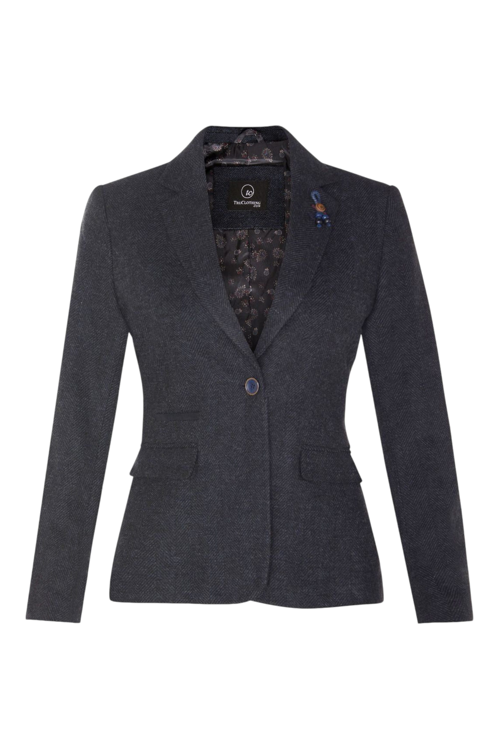 Navy Blue Infinity Leather Navy Blue Tweed 1920s Herringbone Navy Blazer, Image 1 of 6
