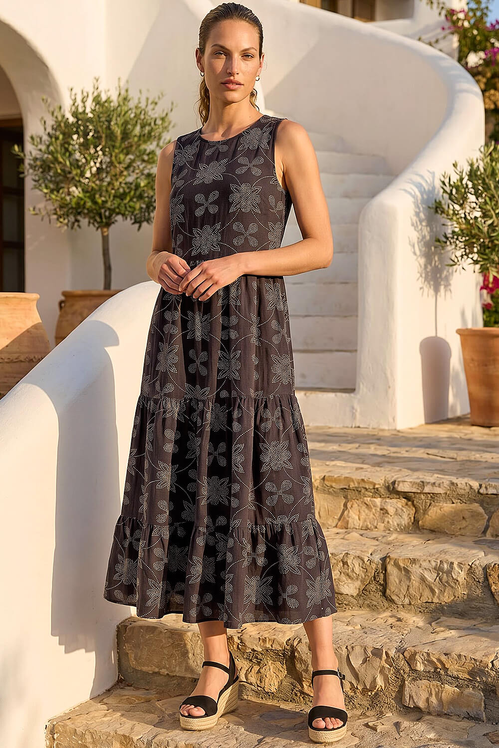 Roman Women's Black Floral Motif Tiered Midi Dress Size 12