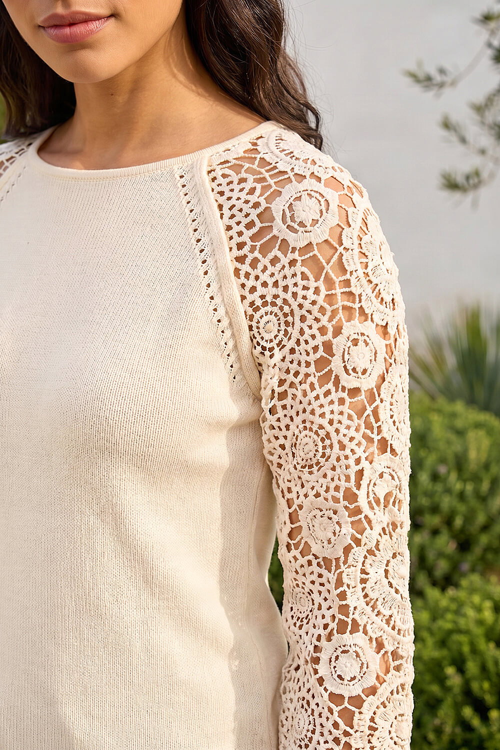 Ivory Crochet Sleeve Knit Jumper, Image 5 of 4