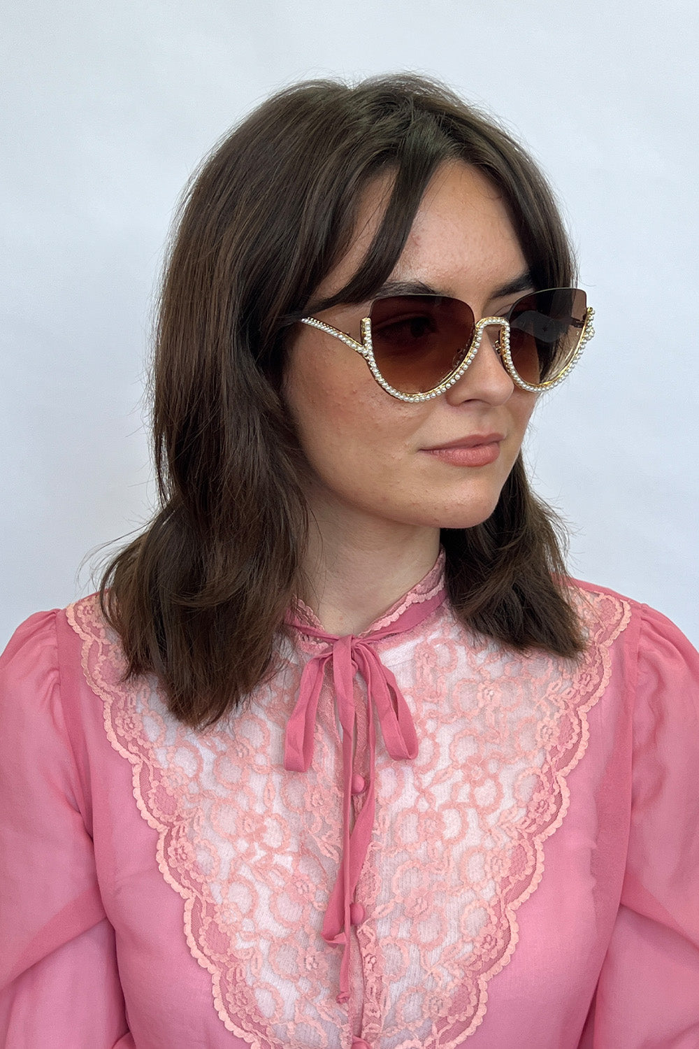 Gold Upper Rimless Pearl Sunglasses in Gold Brown, Image 1 of 6