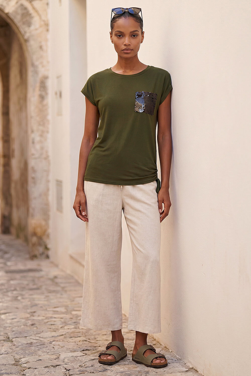 Olive Sequin Pocket Side Ruched T-Shirt, Image 4 of 4