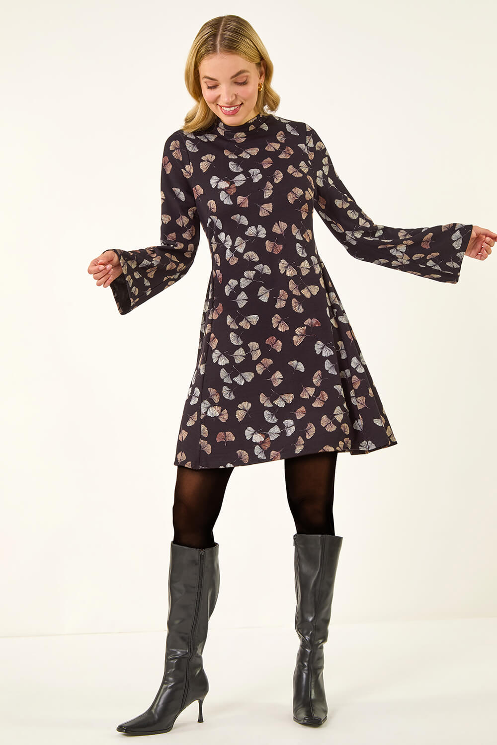 Black Dusk Leaf Godet Hem Dress, Image 4 of 4