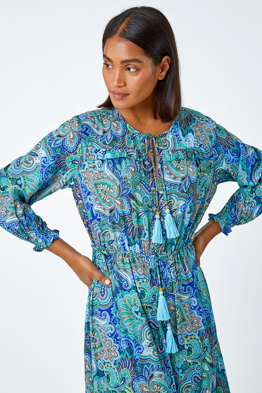 Blue Paisley Print Tassel Frill Hem Maxi Dress, Image 5 of 5